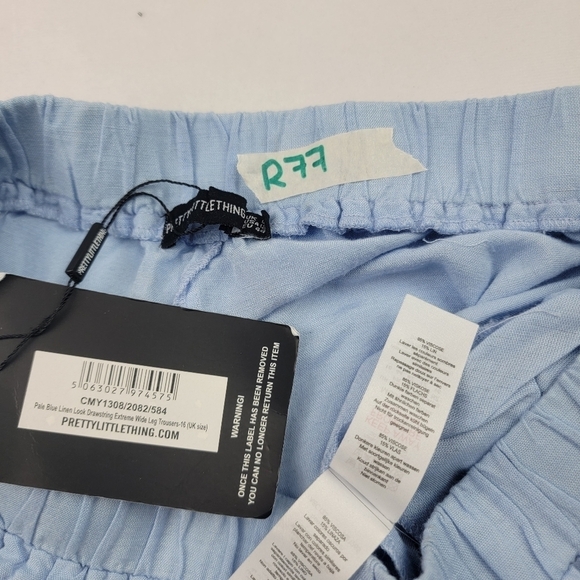 NWT Pretty Little Thing pale blue linen blend drawstring extreme wide leg pants - Picture 8 of 8